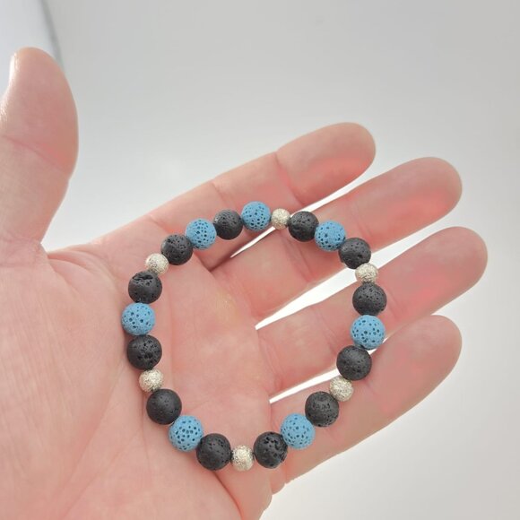 Black and Blue 8mm Lava Stone Bracelet with 6mm Silver Star Burst Spacer Beads - Picture 6 of 7